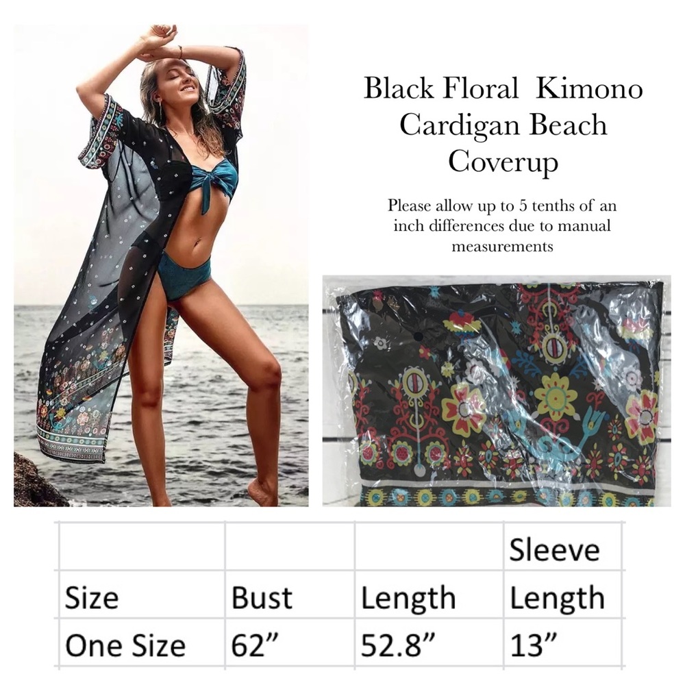 Boho Chic Black Floral Kimono Beach Coverup - Picture 16 of 16